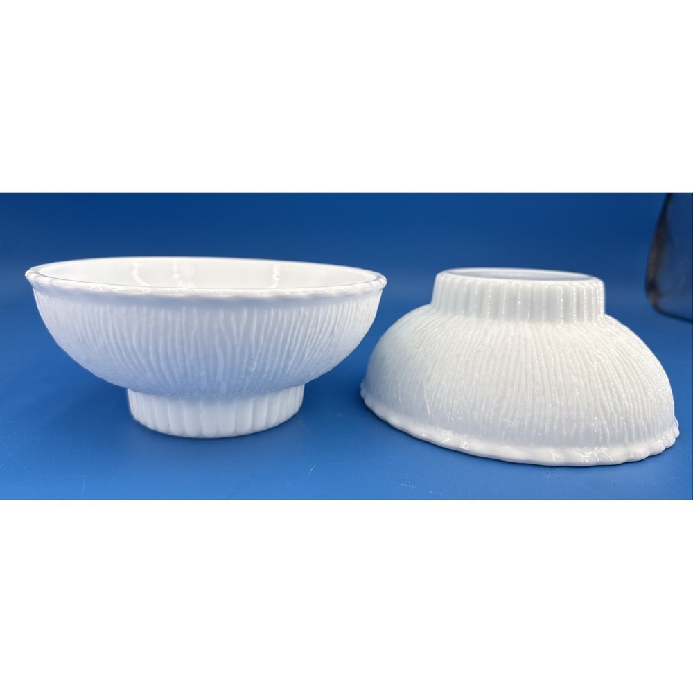 Vtg Lot Of 2 FTD Milk Glass Bowl Flower/ Planter /Candy Dish Bark Pattern 1975